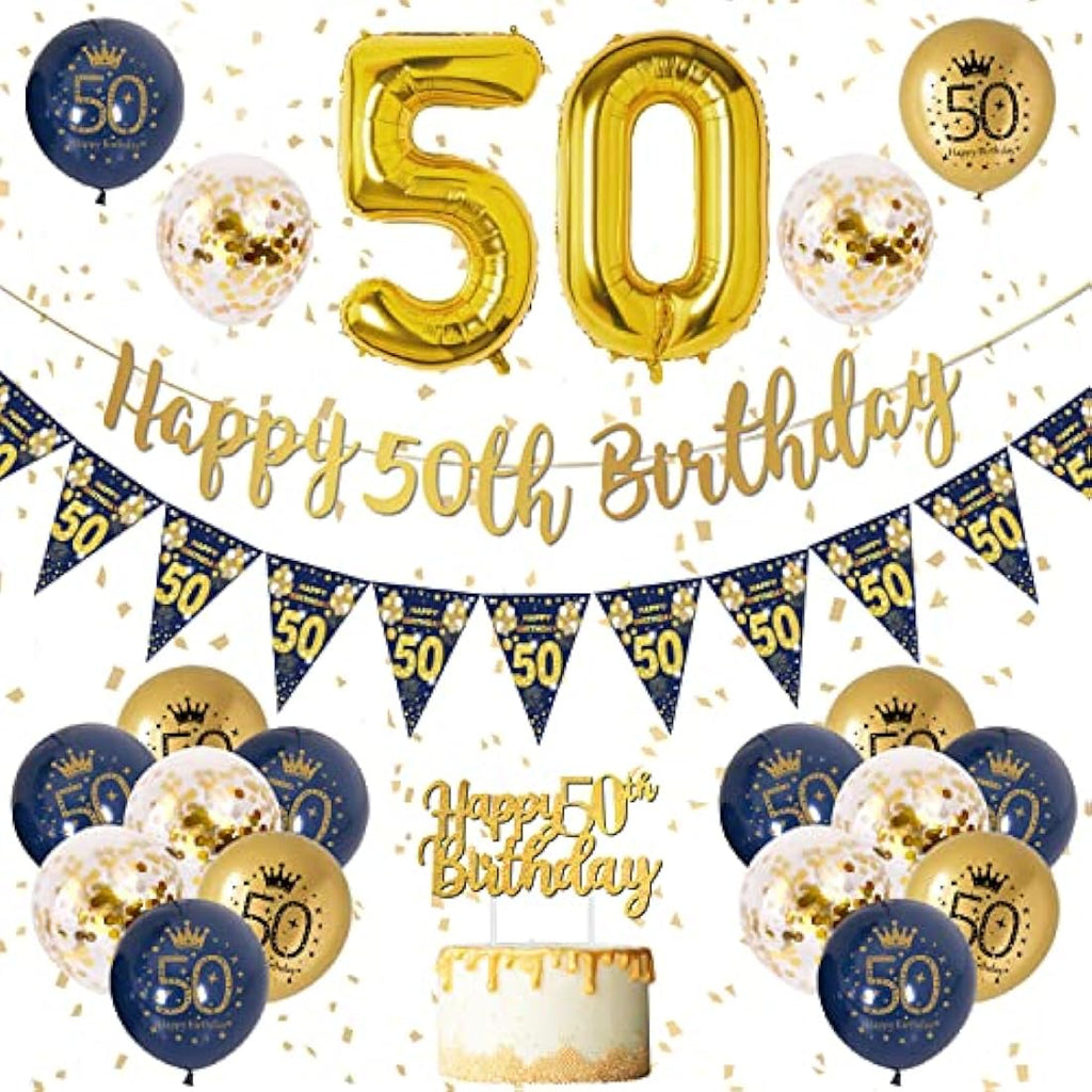 Jolof Store 50th Birthday Decorations Kit – Navy Blue & Gold Party Set