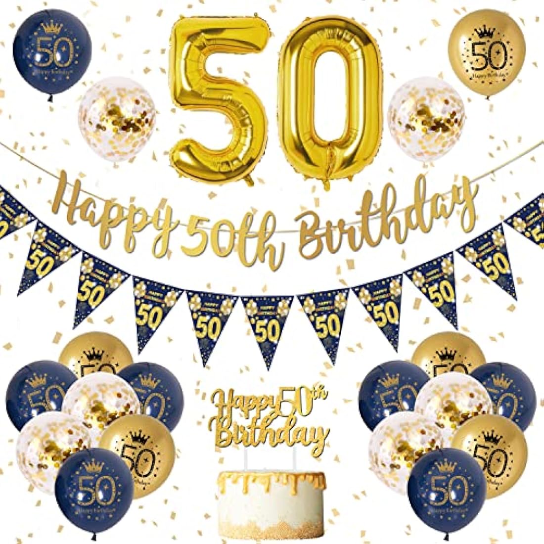 Jolof Store 50th Birthday Decorations Kit – Navy Blue & Gold Party Set