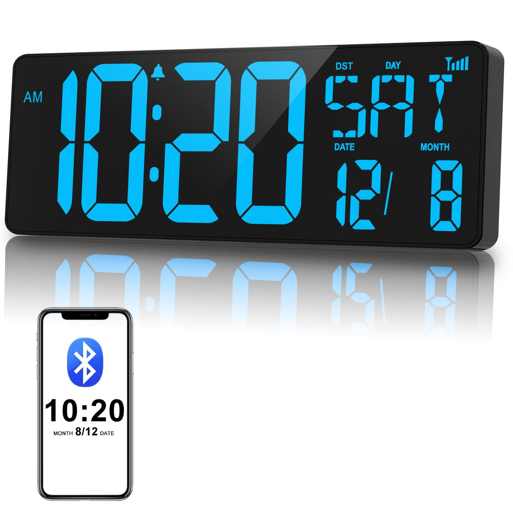 XREXS 17 Inch Large Digital Wall Clock | Bluetooth Auto-Sync LED Timer
