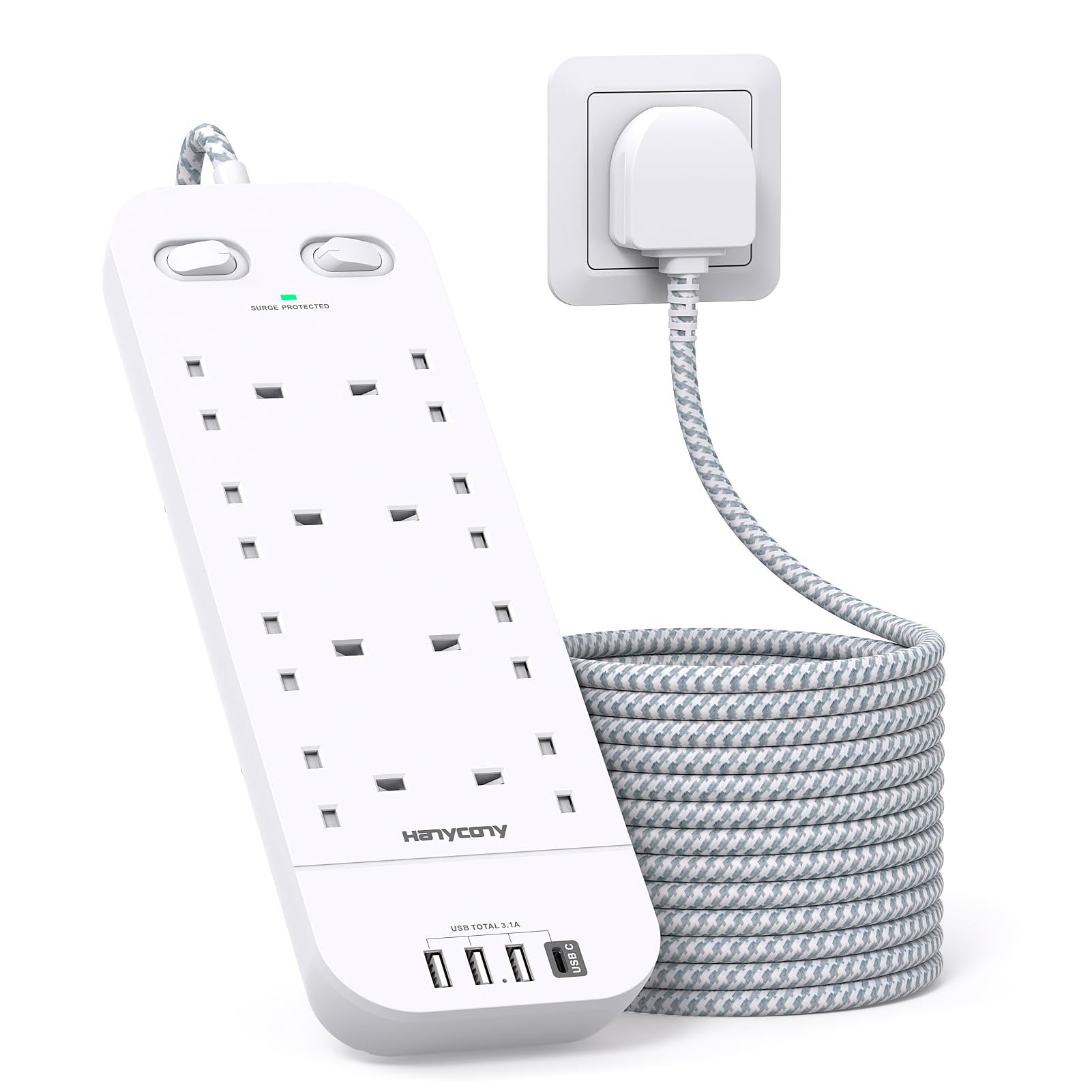 Jolof Store 8-Way Power Strip | 5M Braided Extension Lead with Surge Protection