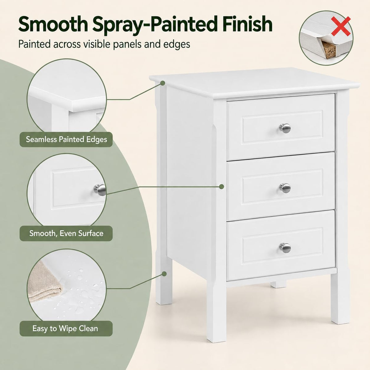 Yaheetech Bedside Table with 3 Drawers, White - image 4