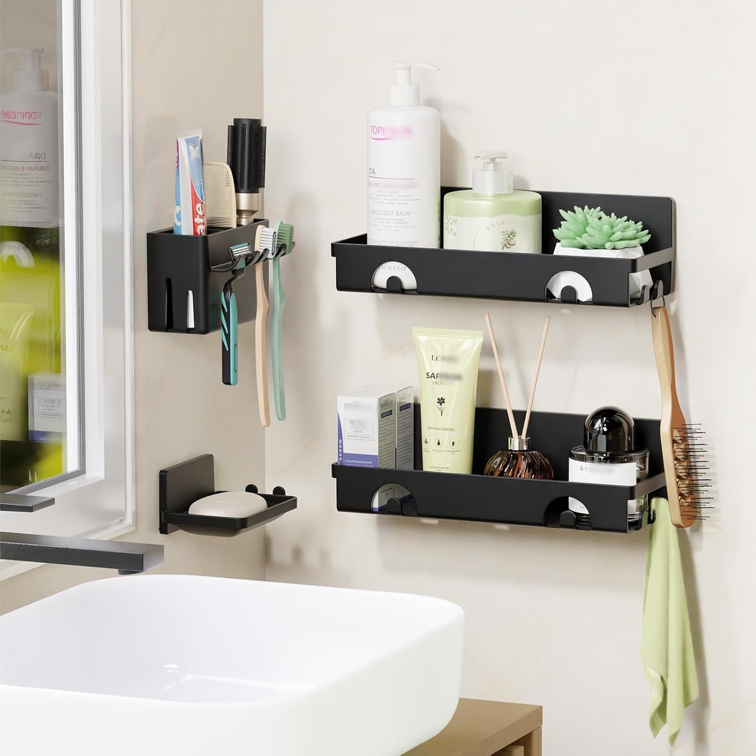 PAVSTINE Shower Caddy - 4 Pack Rustproof Adhesive Bathroom Shelves, Black