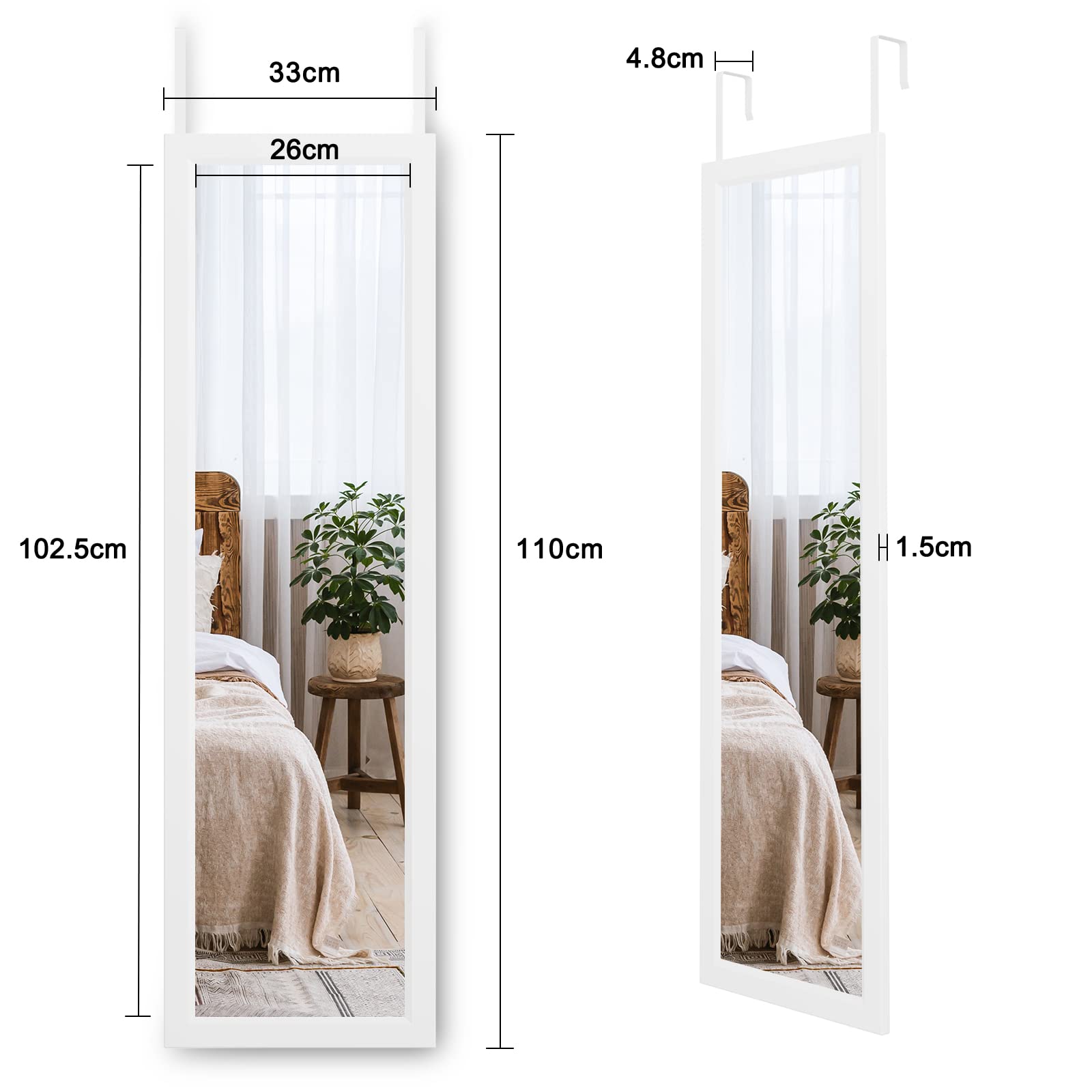 Dripex Full Length Over Door Mirror | 110x33cm Toughened Glass - White