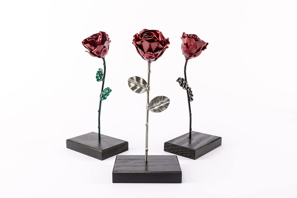 Forging Art Bcn Hand Forged Wrought Iron Rose - Red & Silver Metal Flower