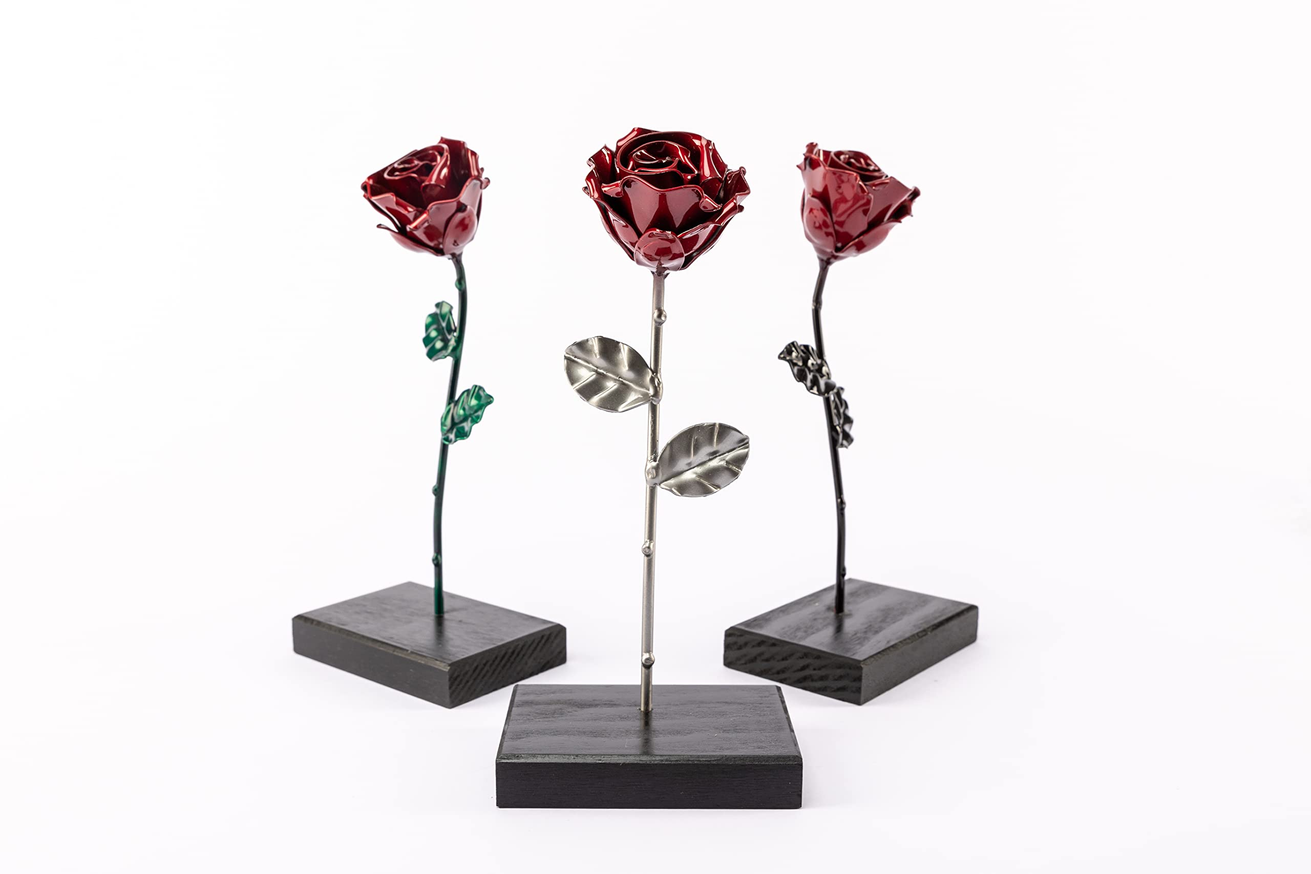 Forging Art Bcn Hand Forged Wrought Iron Rose - Red & Silver Metal Flower