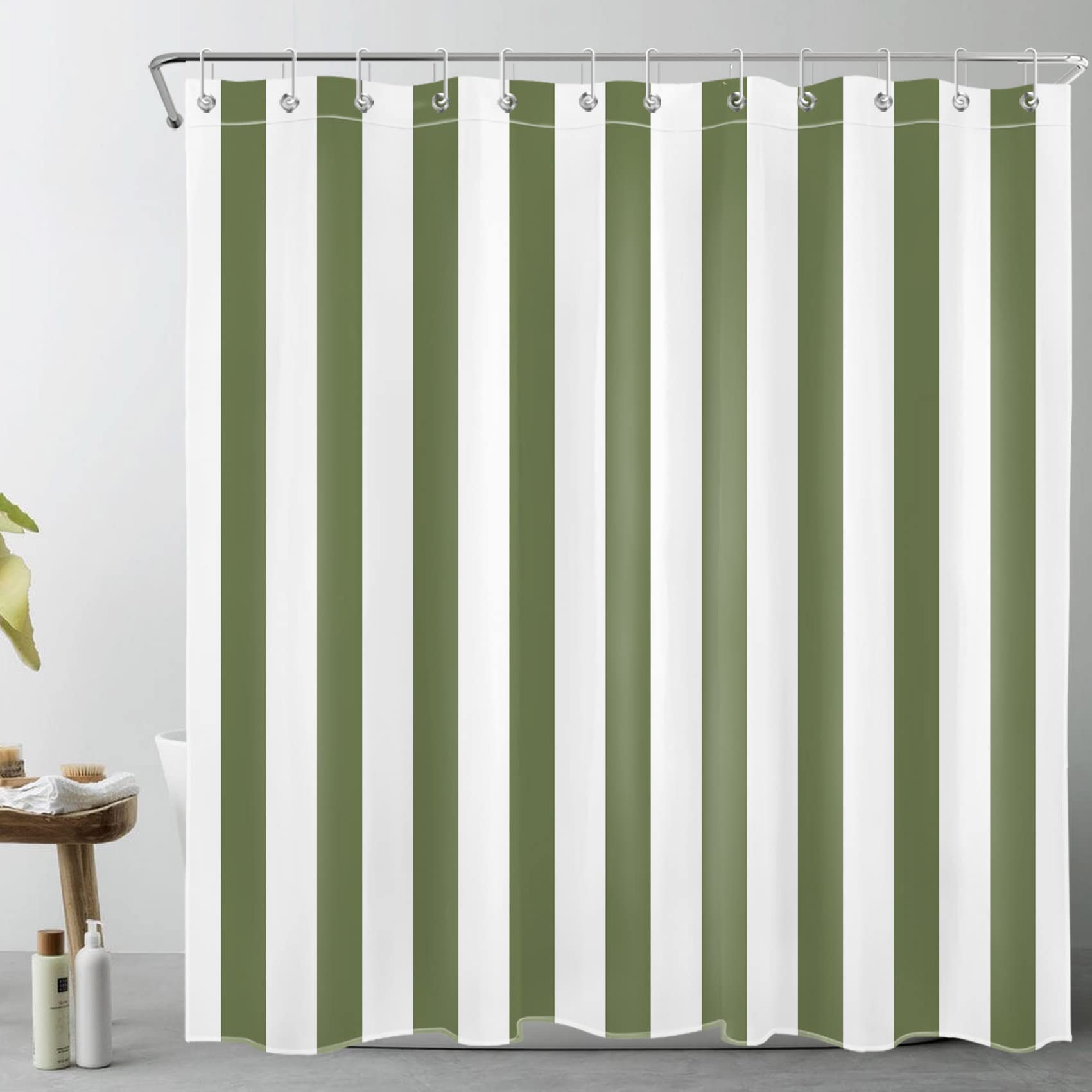 LB Sage Green and White Striped Polyester Shower Curtain with 12 Hooks
