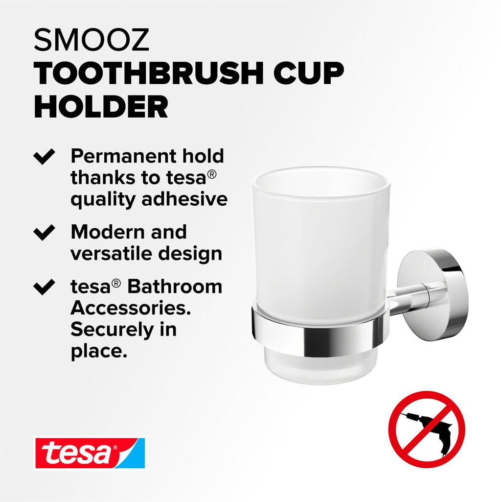 tesa SMOOZ Toothbrush and Toothpaste Holder - No Drill Wall Mounted Satined Cup with Chrome-Plated Holder, Stainless - Waterproof - image 5