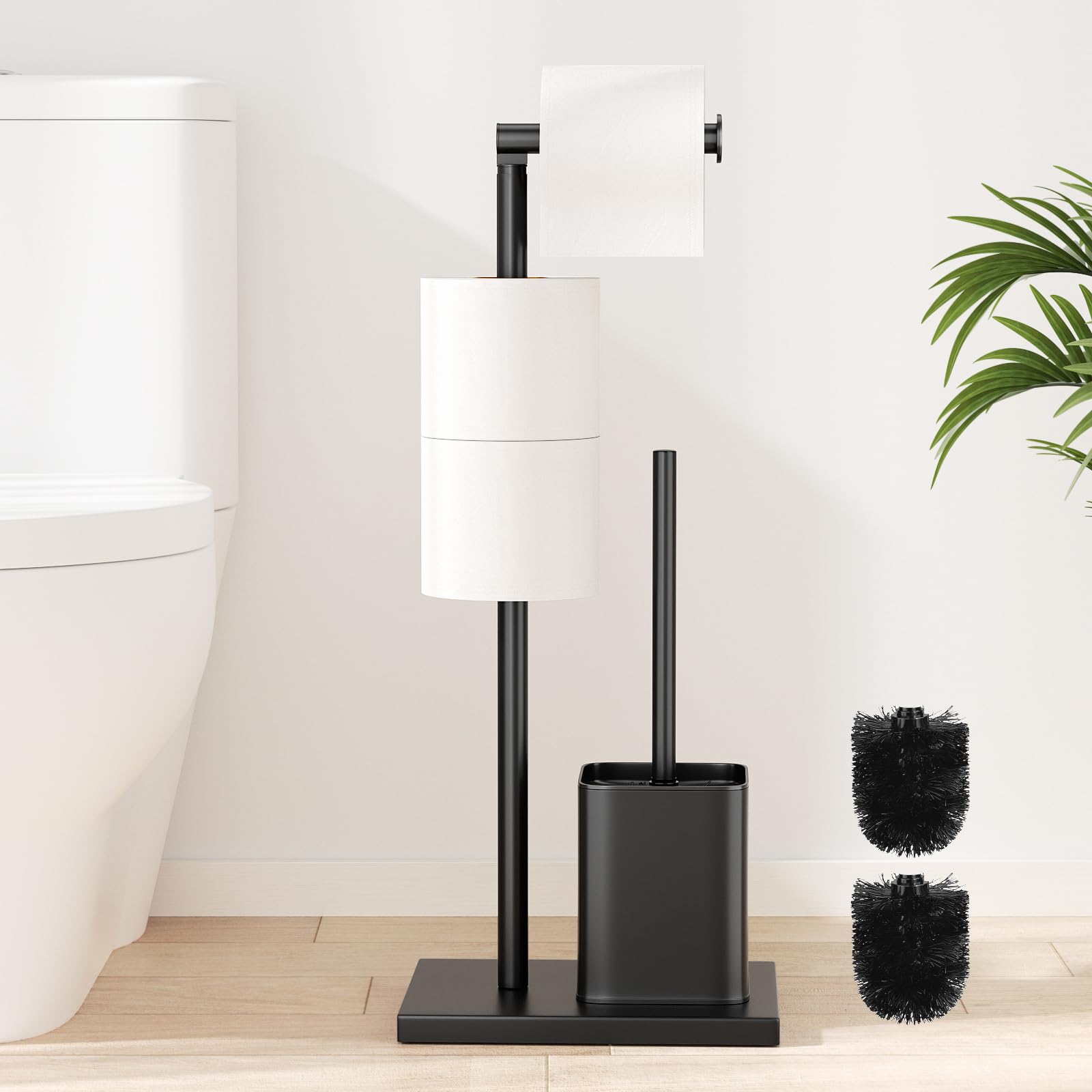 Freestanding Toilet Roll Holder & Brush – Matte Black