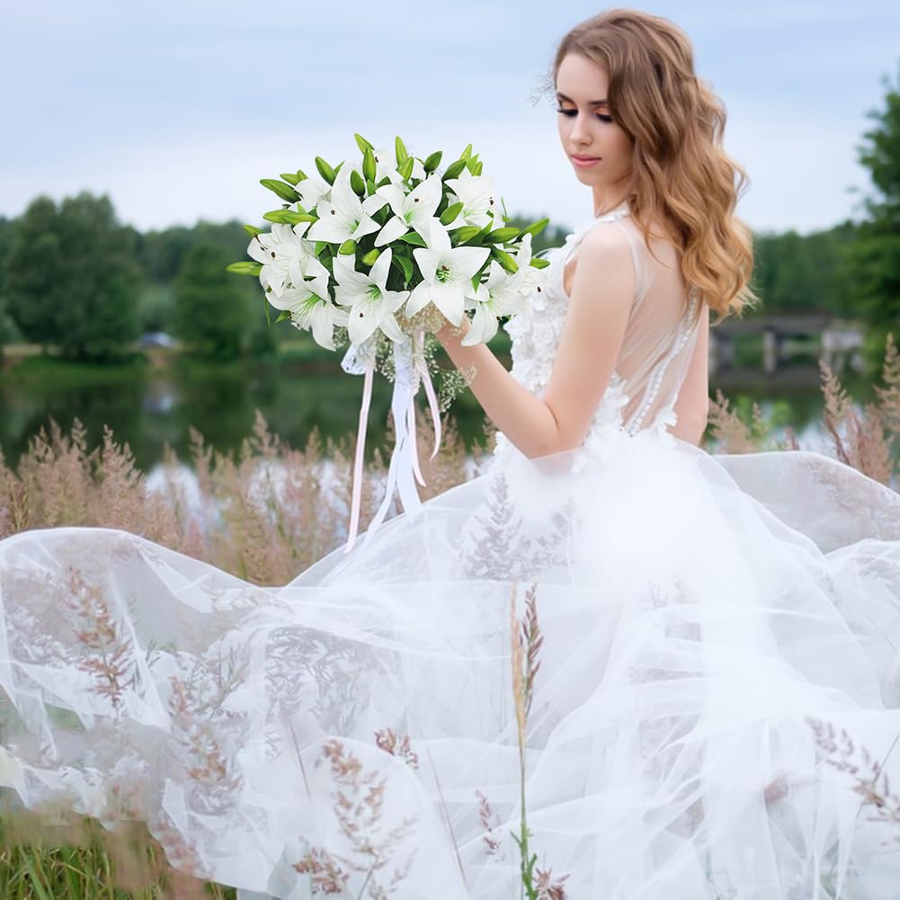 Olrla 20pcs White Real Touch Artificial Tiger Lily Flowers for Weddings