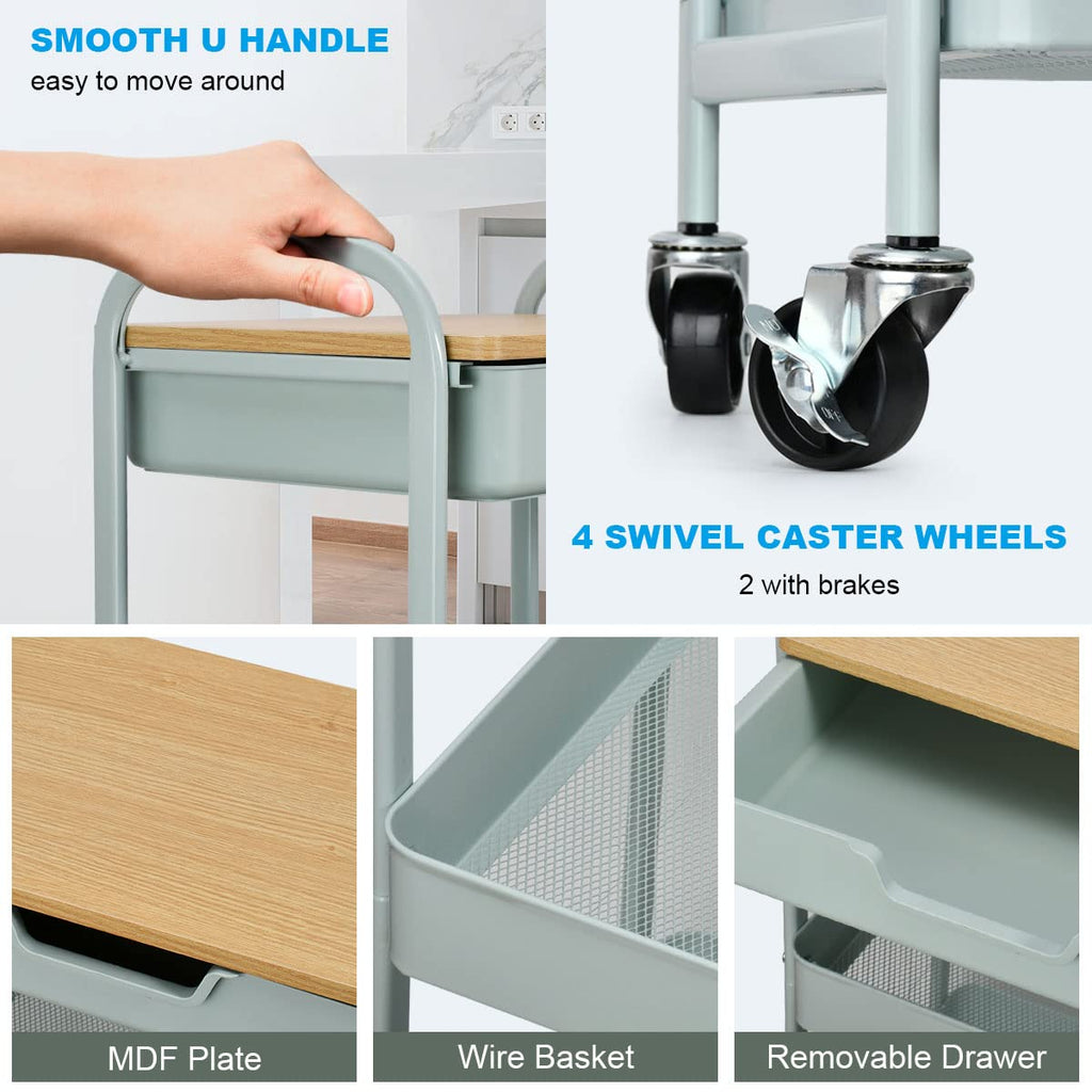 Shrivee 3-Tier Storage Trolley on Wheels and Drawer, All-Purpose Metal Uses Trolley for Office Salon Kitchen Bathroom OfficeGreen