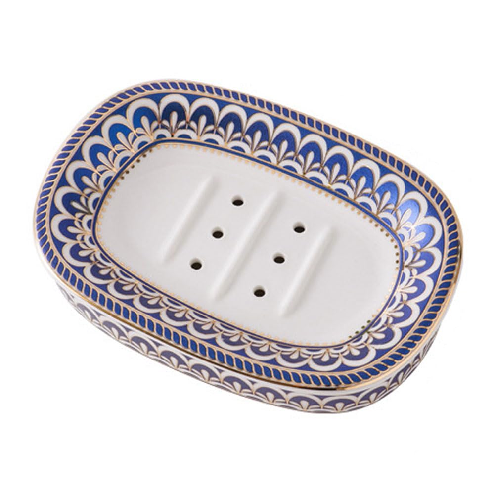 Ceramic Soap Dish – Blue Self-Draining Bar Soap Holder Tray