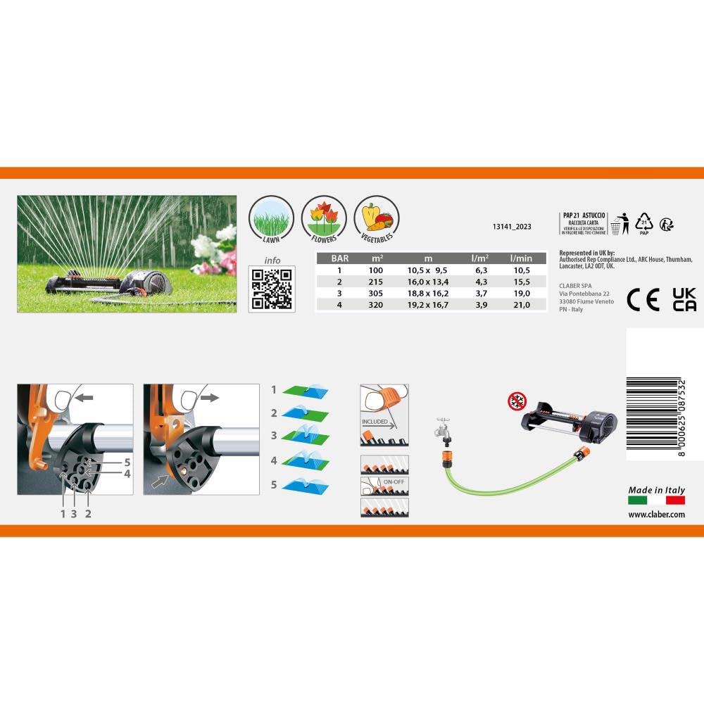 Claber Compact-20 Irrigatore Oscillante per Prato - Copertura 320mq
