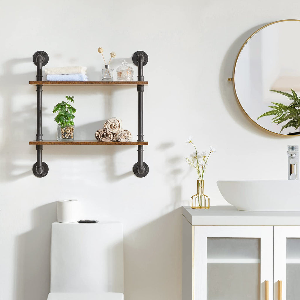 YMYNY 2-Tier Industrial Pipe Wall Mount Shelves | Rustic Wood Storage