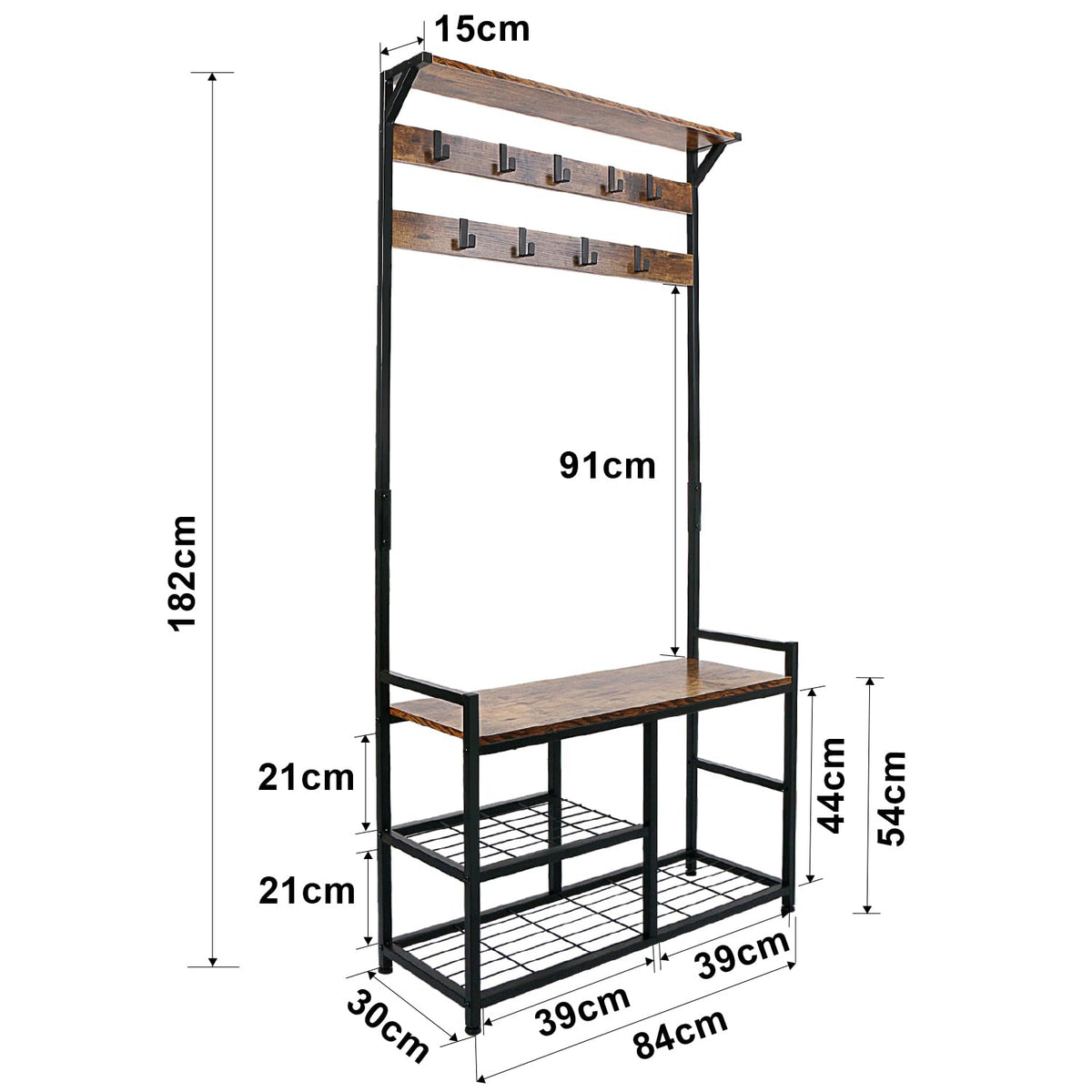 Industrial Coat Rack Freestanding Hall Tree 33"x12"x71.5" Rustic Brown - image 5