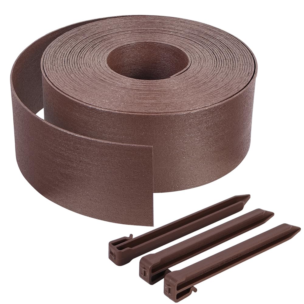 VOUNOT Flexible Garden Edging - 20m Brown Lawn Border with 12 Pegs