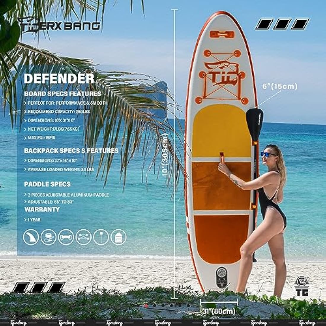 TIGERXBANG Inflatable Stand Up Paddle Board – 10' x 31" x 6" SUP Kit
