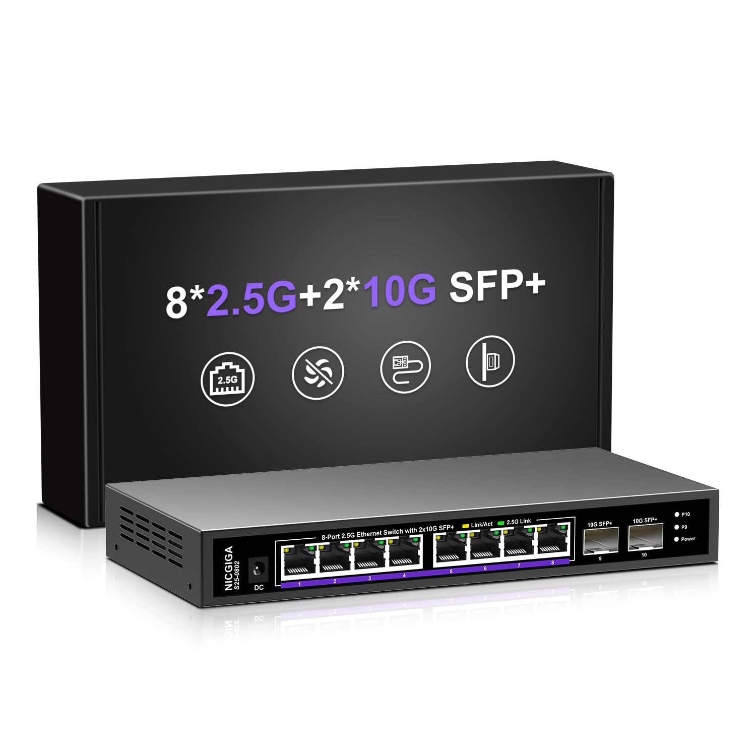 NICGIGA 10 Port 2.5Gb Unmanaged Ethernet Switch | 2x 10G SFP+ Ports