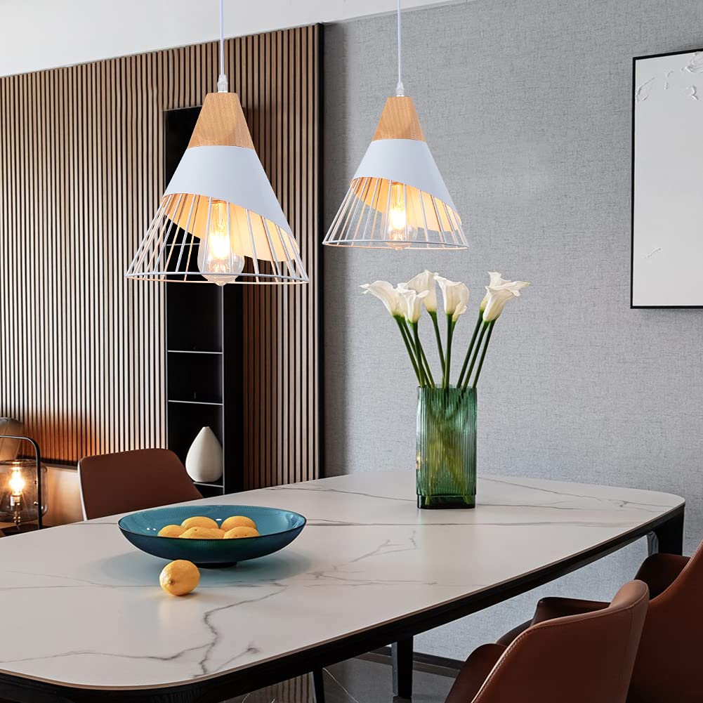 White Modern Pendant Light – Industrial Wood Hanging Fixture