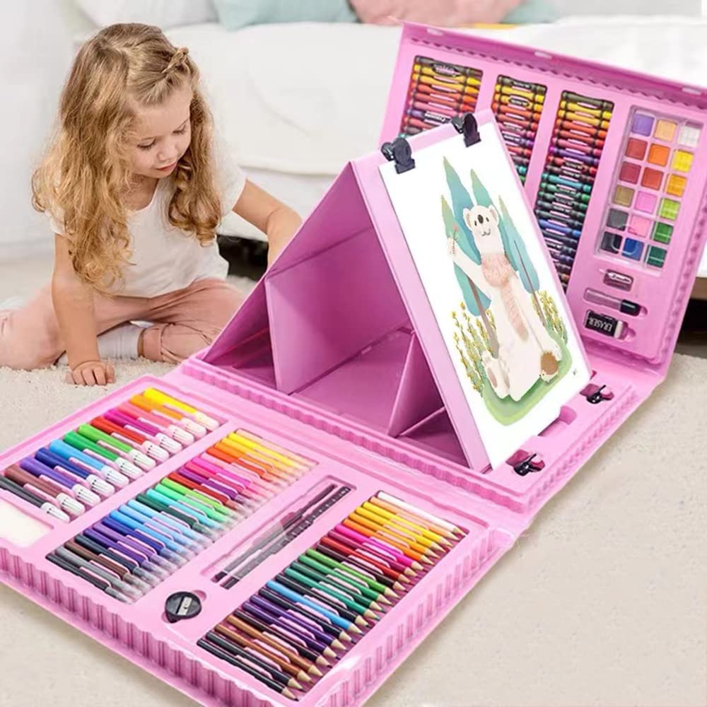 XDISHYN 208-Piece Art Supplies Drawing Kit with Trifold Easel - Pink