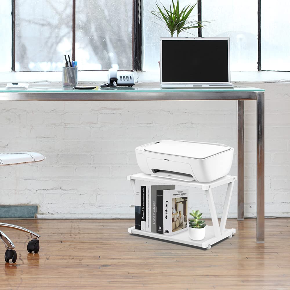 VEDECASA 2-Tier Printer Stand with Wheels | Wood Desktop Storage, White