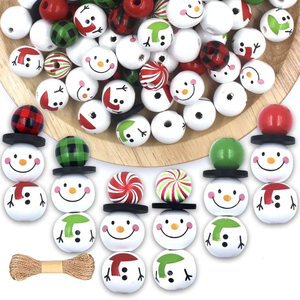 120 PCS Snowman Wooden Beads for Christmas DIY Ornaments