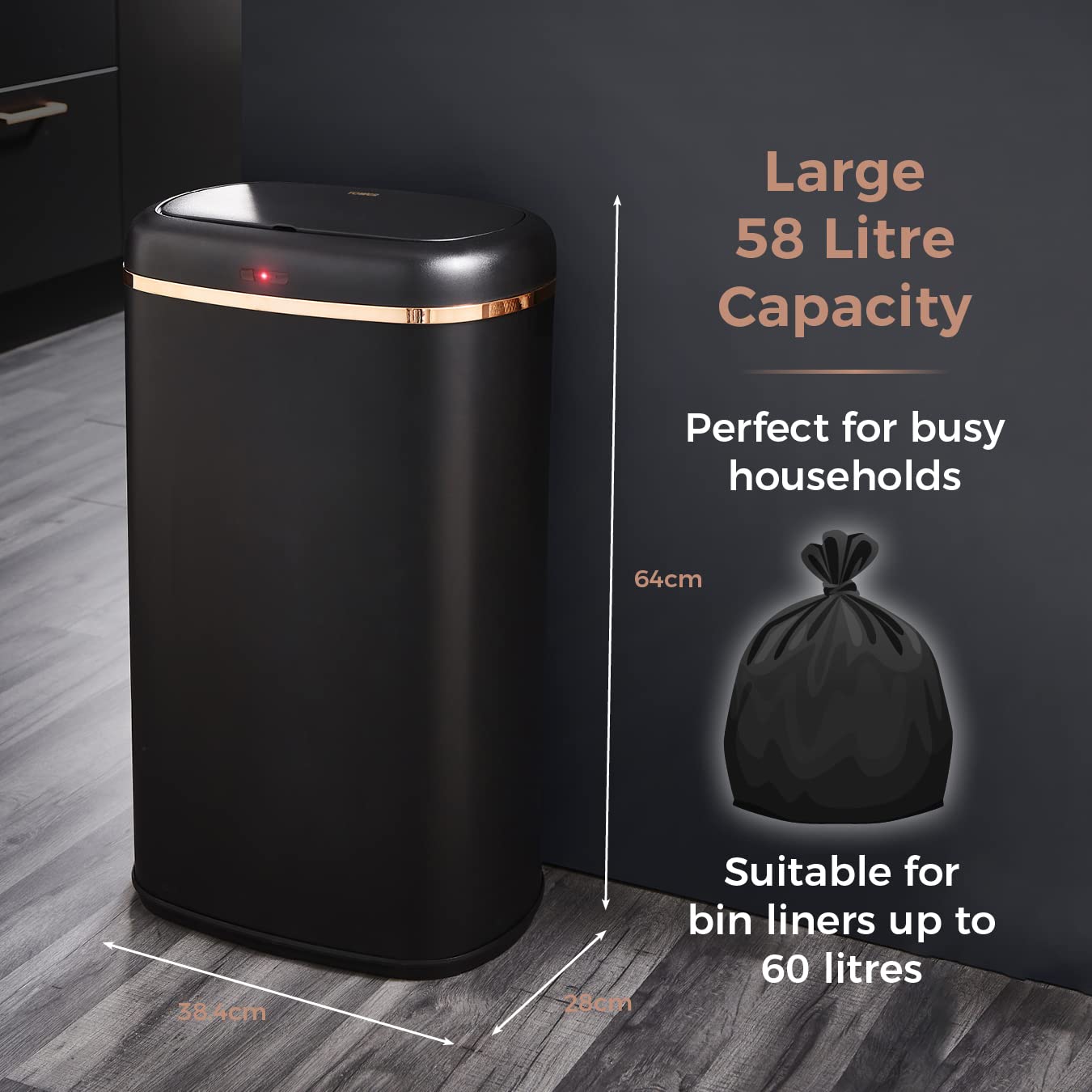 Tower Cavaletto Square Sensor Bin - 58L Large Kitchen Waste Bin, Black