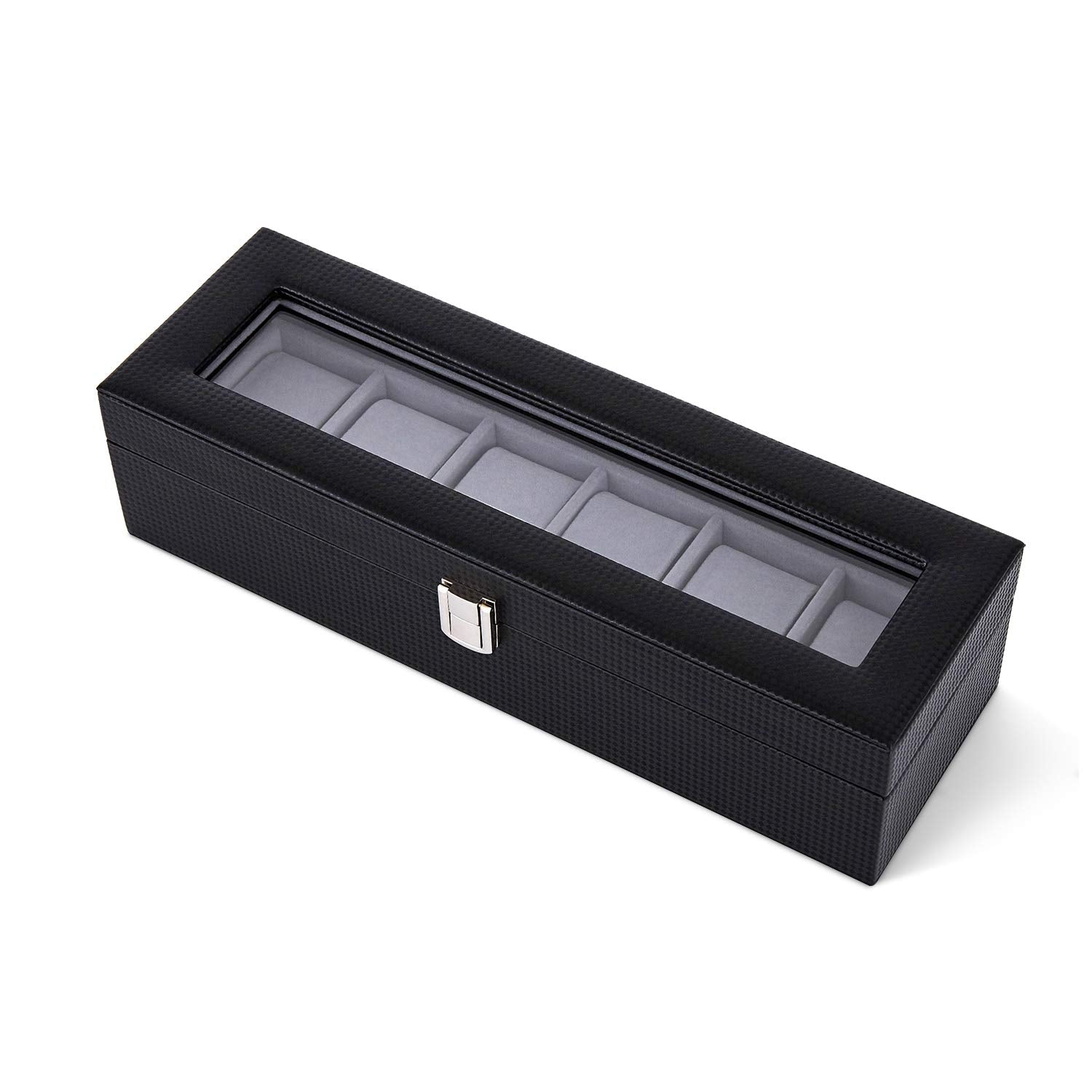 Mondeer 6-Slot Watch Box | Black PU Leather Organizer with Glass Lid