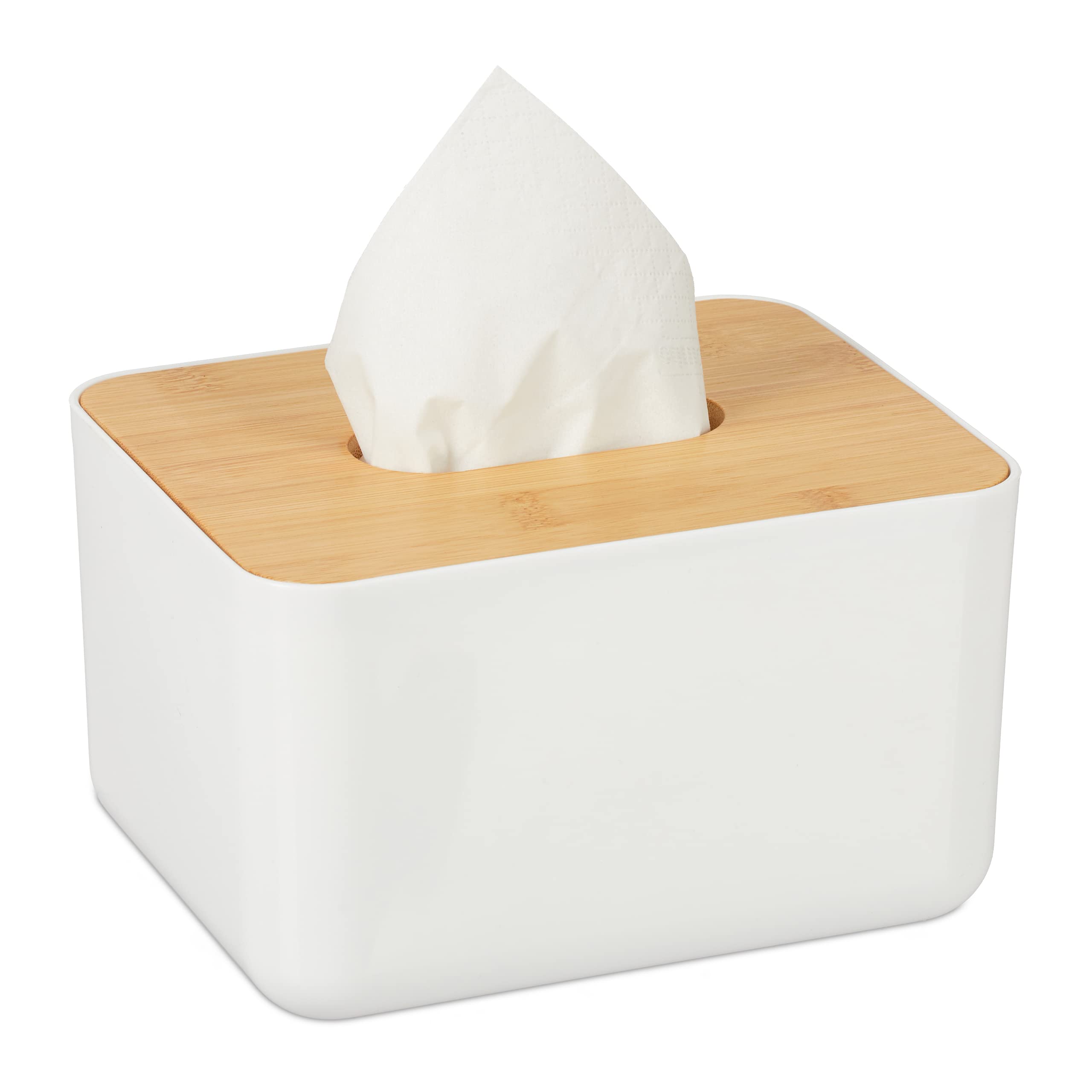 Relaxdays Tissue Box Cover with Bamboo Top - White Napkin Holder