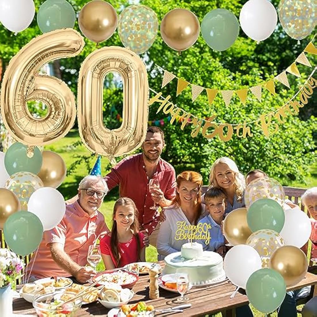 Jobkoo 60. Geburtstag Deko Set – Salbeigrüne Ballons & Banner Party Girlande