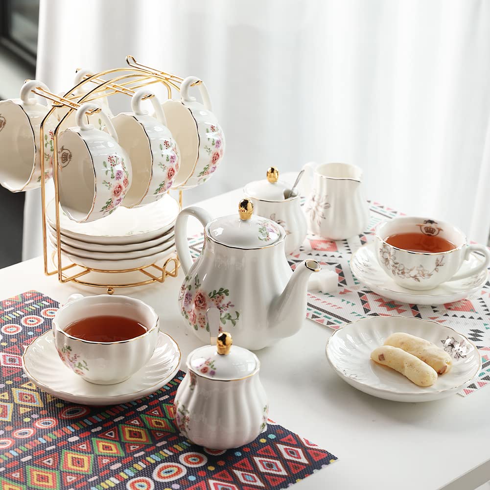 Sweejar Home Porcelain Tea Set - 21-Piece Rose Flower Ceramic Teaware