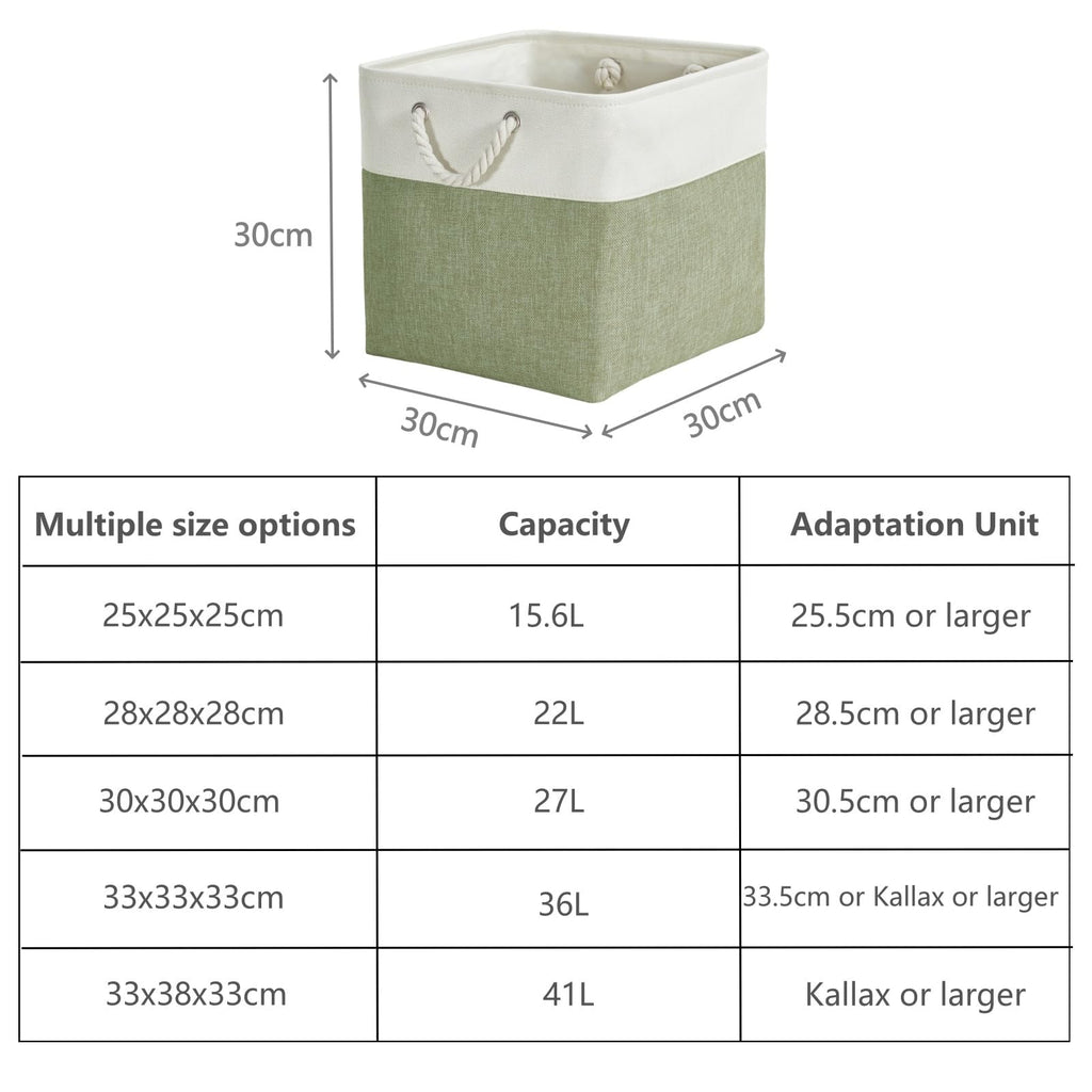 SOCOHOME Fabric Cube Storage Boxes,30x30x30cm Canvas Storage Baskets for Nursery Closet Toys ShelfGreen/White, Set of 3
