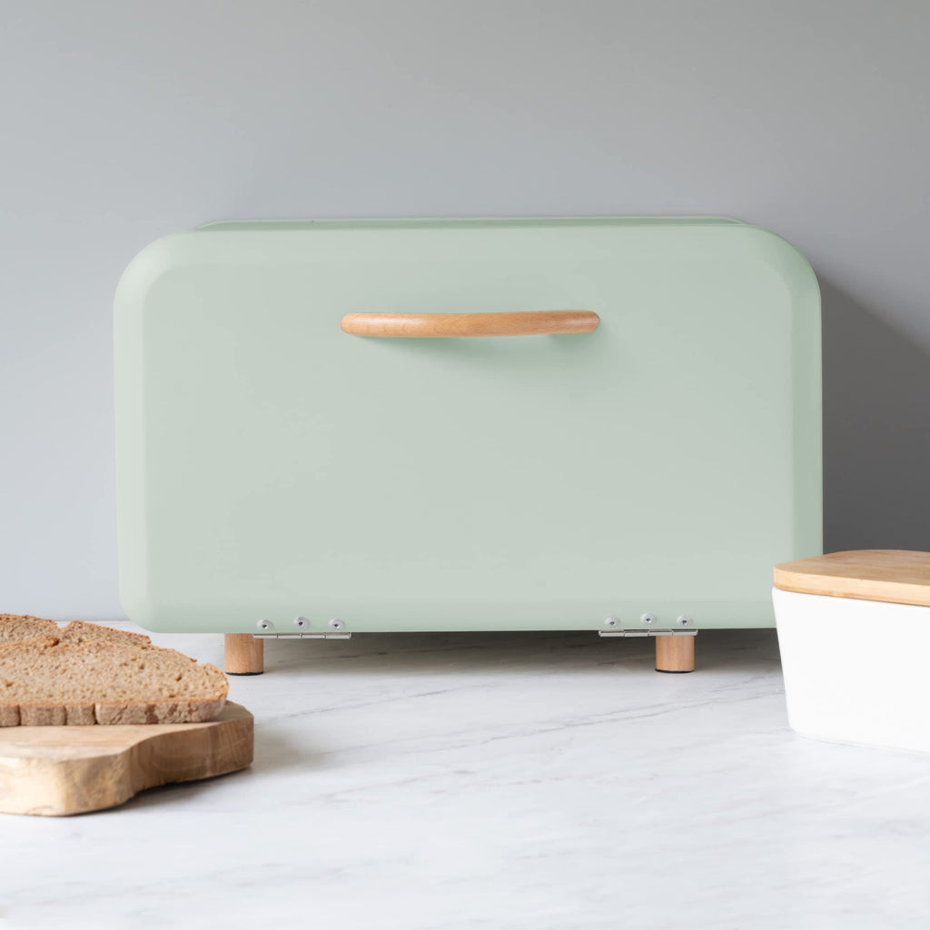 Navaris Metal Bread Bin – Mint Green Kitchen Storage Box with Beechwood