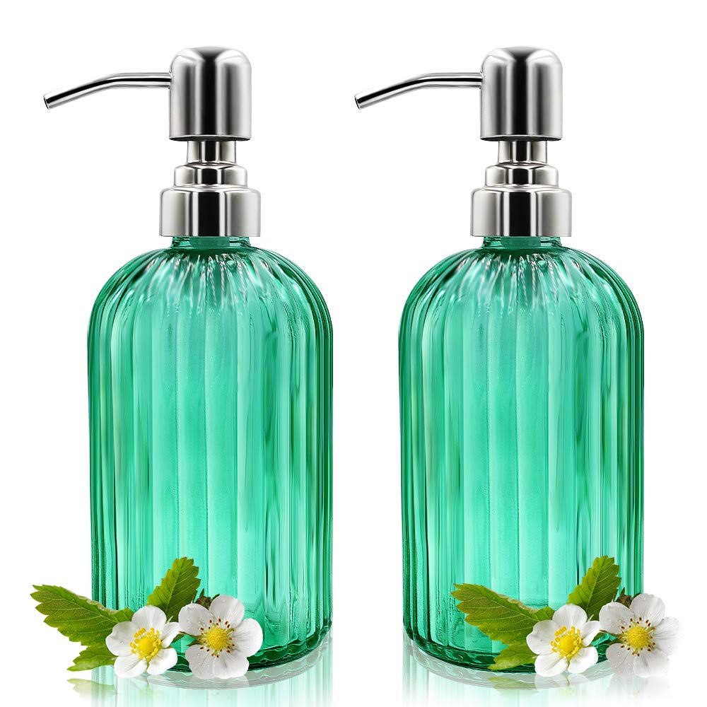 Jolof Store Glass Soap Dispenser 2-Pack | 14oz Green with Stainless Pump
