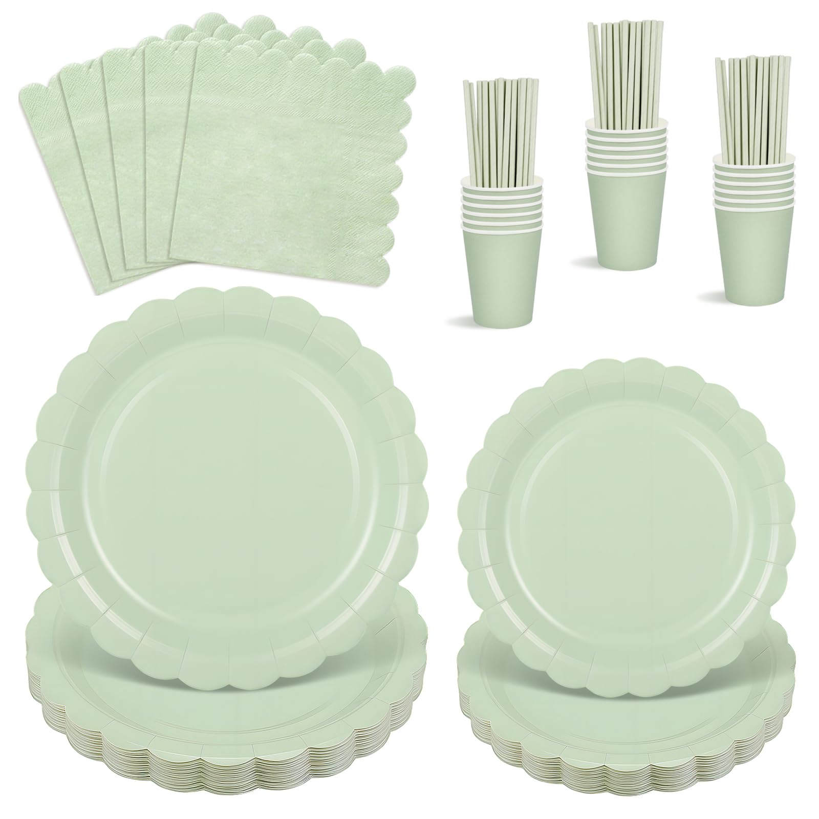 Jolof Store Sage Green Party Supplies – 125 Pcs Scalloped Plates & Napkins