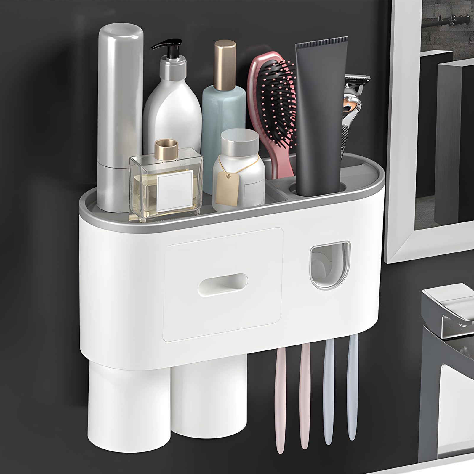 Wall Mounted Toothbrush Holder with Toothpaste Dispenser