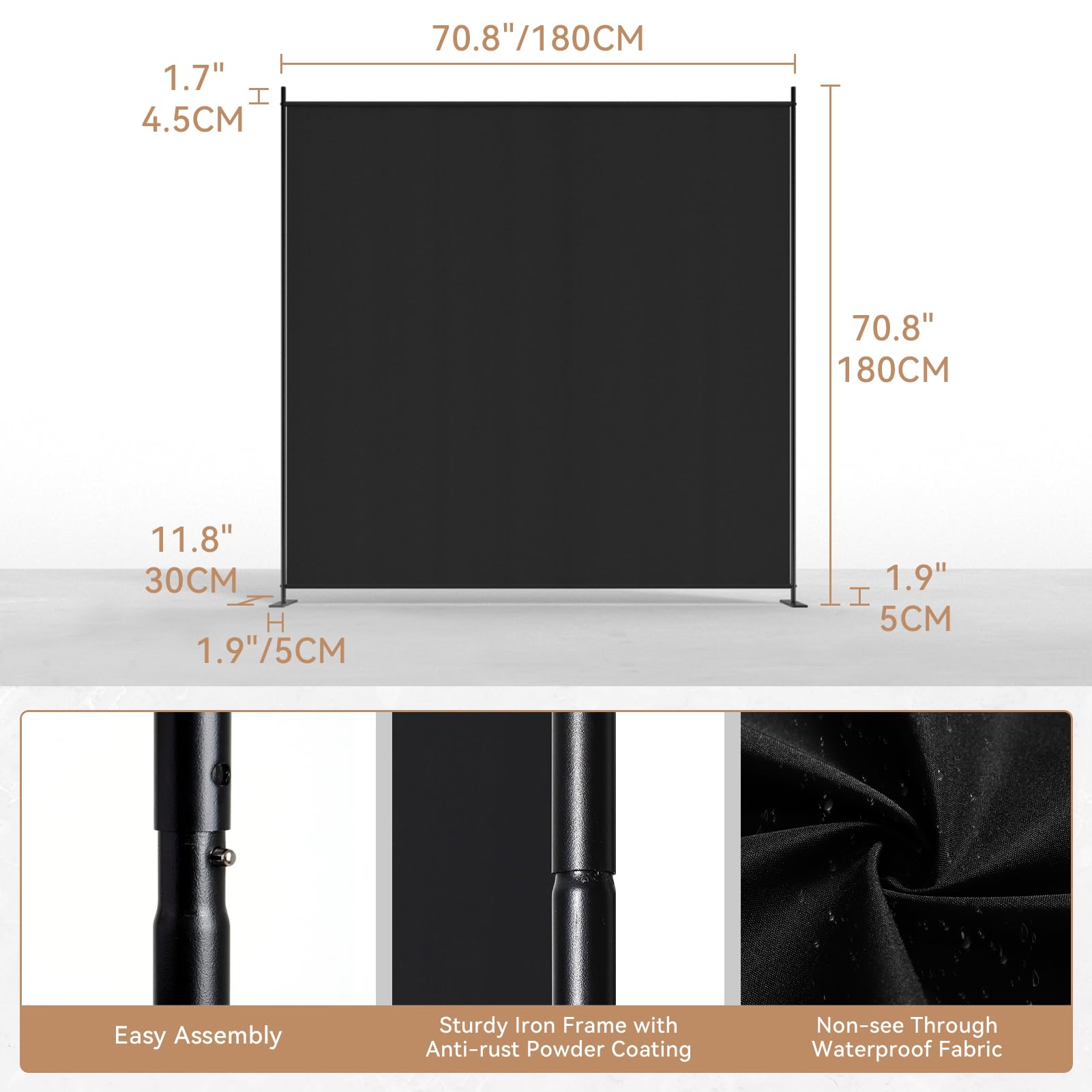 C-Hopetree 1 Panel Room Divider | 180cm Folding Privacy Screen – Black