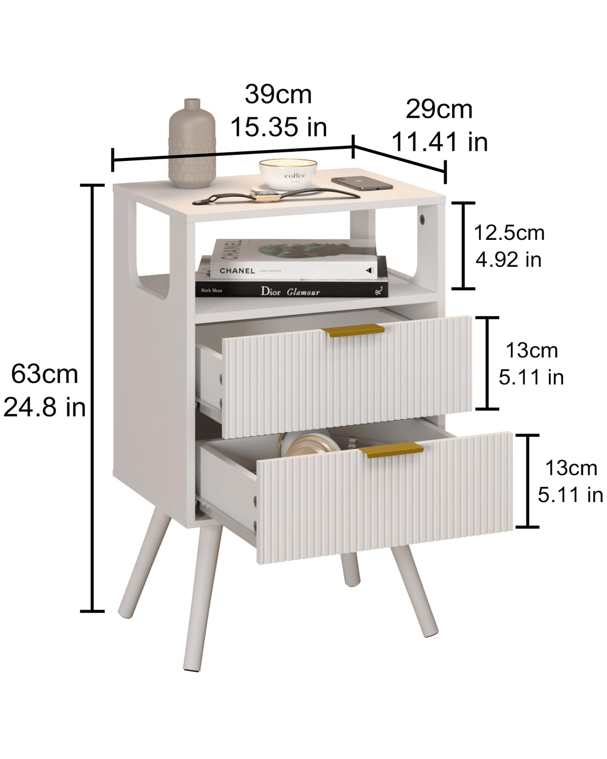 JERX Wooden Bedside Table, Nightstand with 2 Storage Drawer and Open Shelf Modern Bedside Cabinet for Bedroom,White - image 2