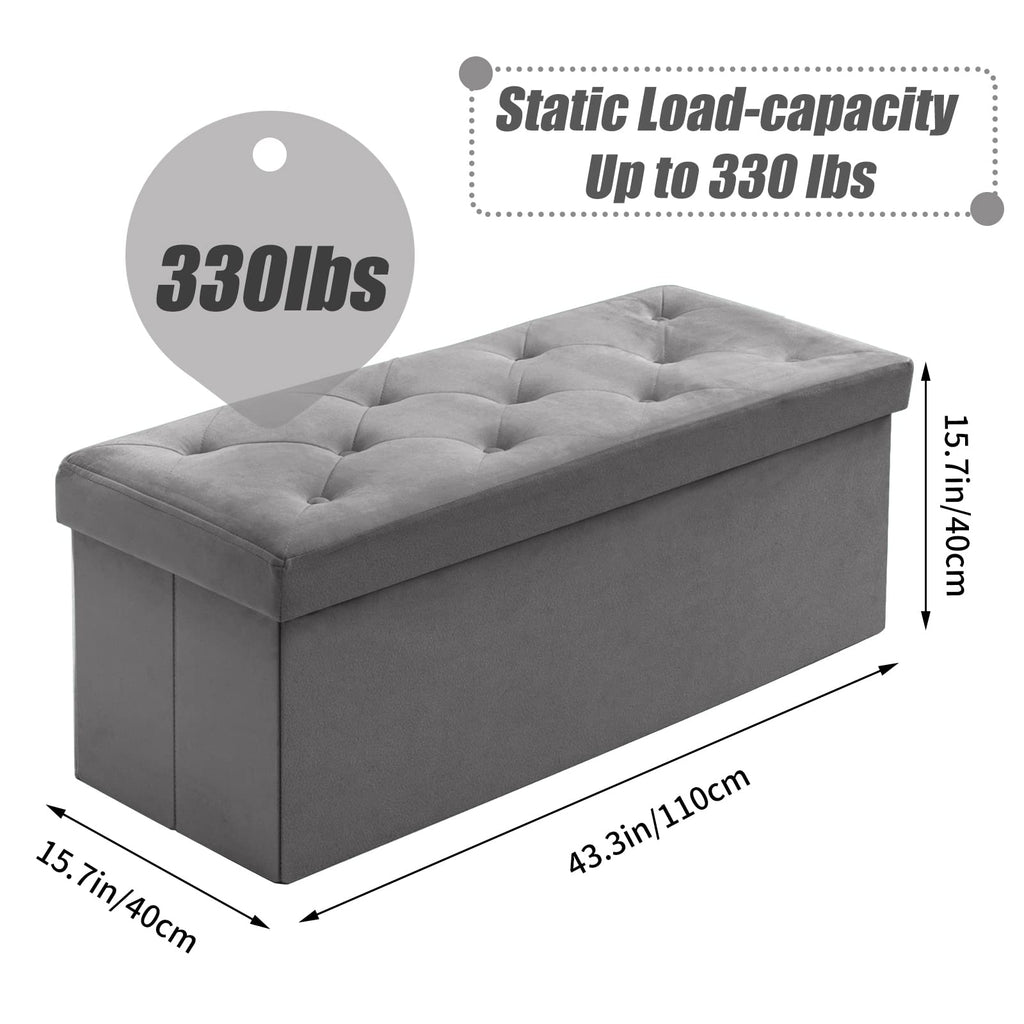 BRIAN & DANY Velvet Folding Storage Ottoman Bench | Gray, 110cm
