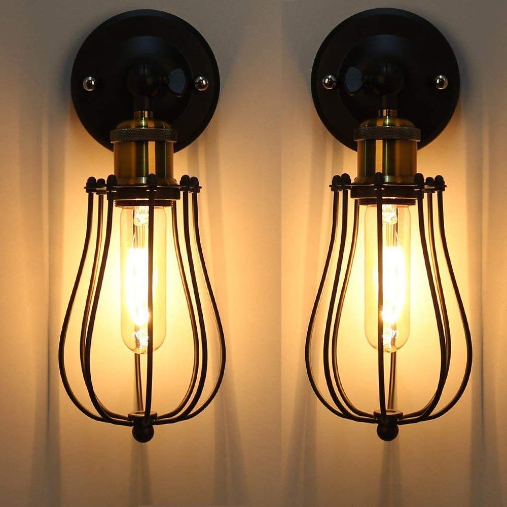 Chrasy Industrial Wall Sconce – Adjustable Metal Wire Cage Lamp, 2 Pack