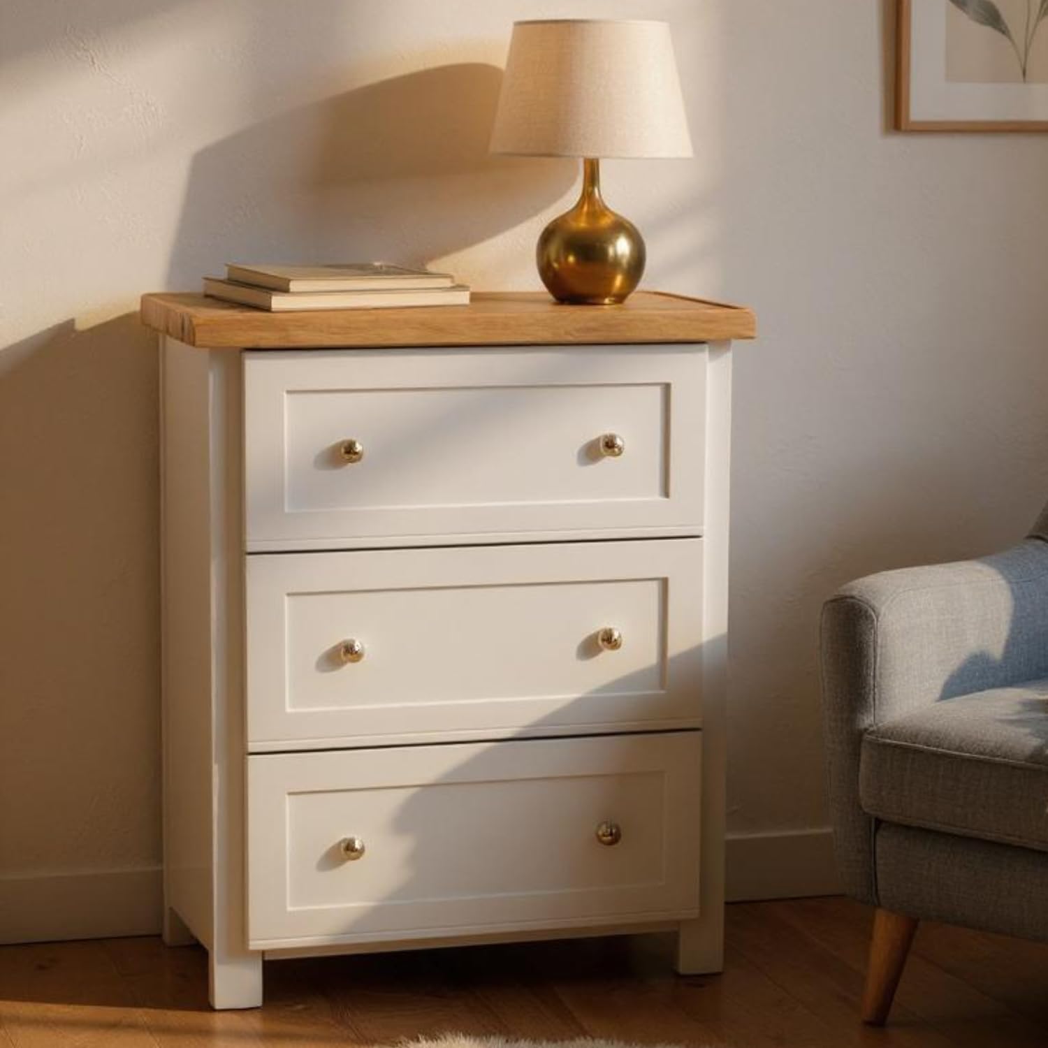 GROF Furniture 3 Drawer Chest | Cashmere Grey Solid Wood Sideboard