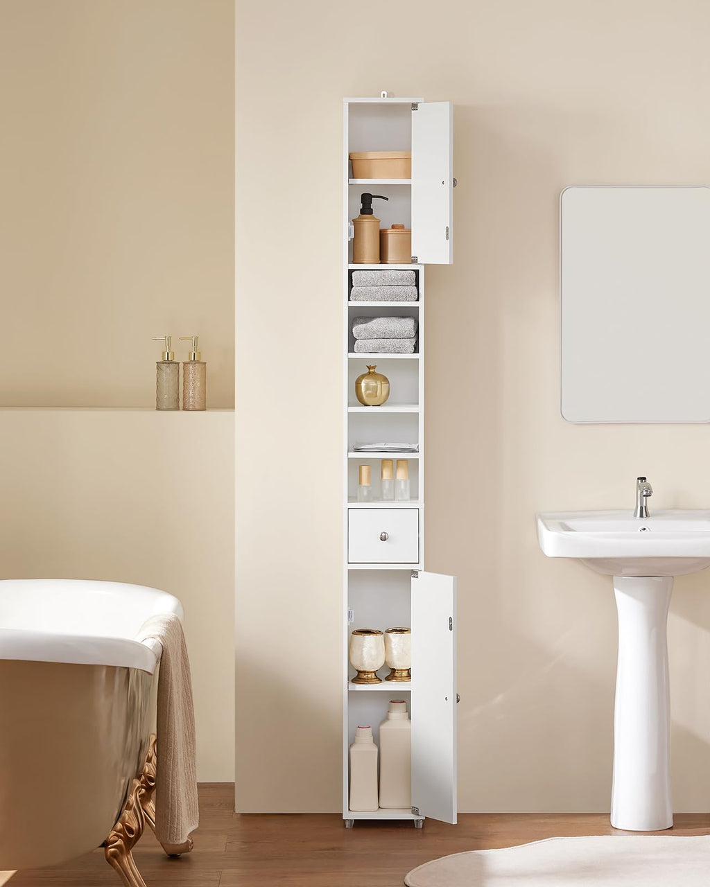 SoBuy Narrow Bathroom Tall Cabinet – Slim Storage Cupboard in White MDF