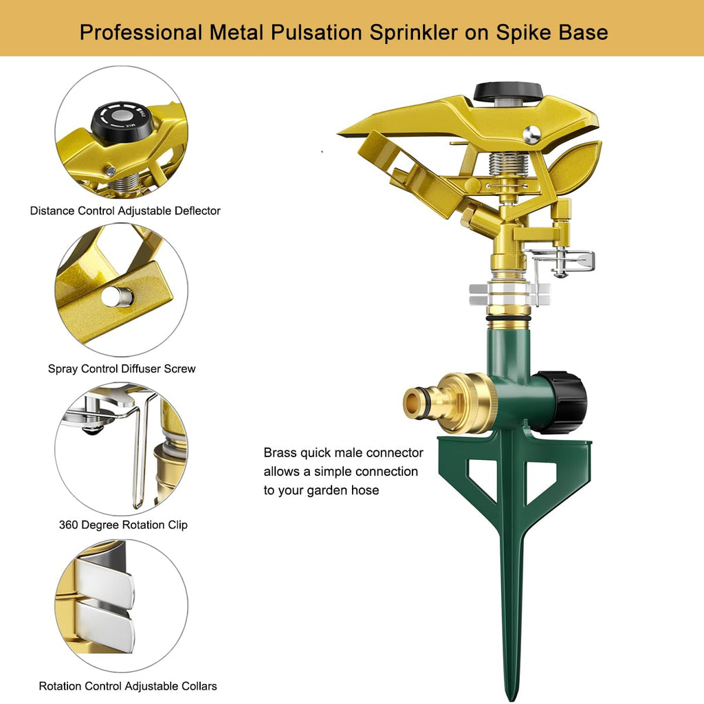 FANHAO Heavy Duty Metal Impact Lawn Sprinkler with Spike Base | 360 Degree