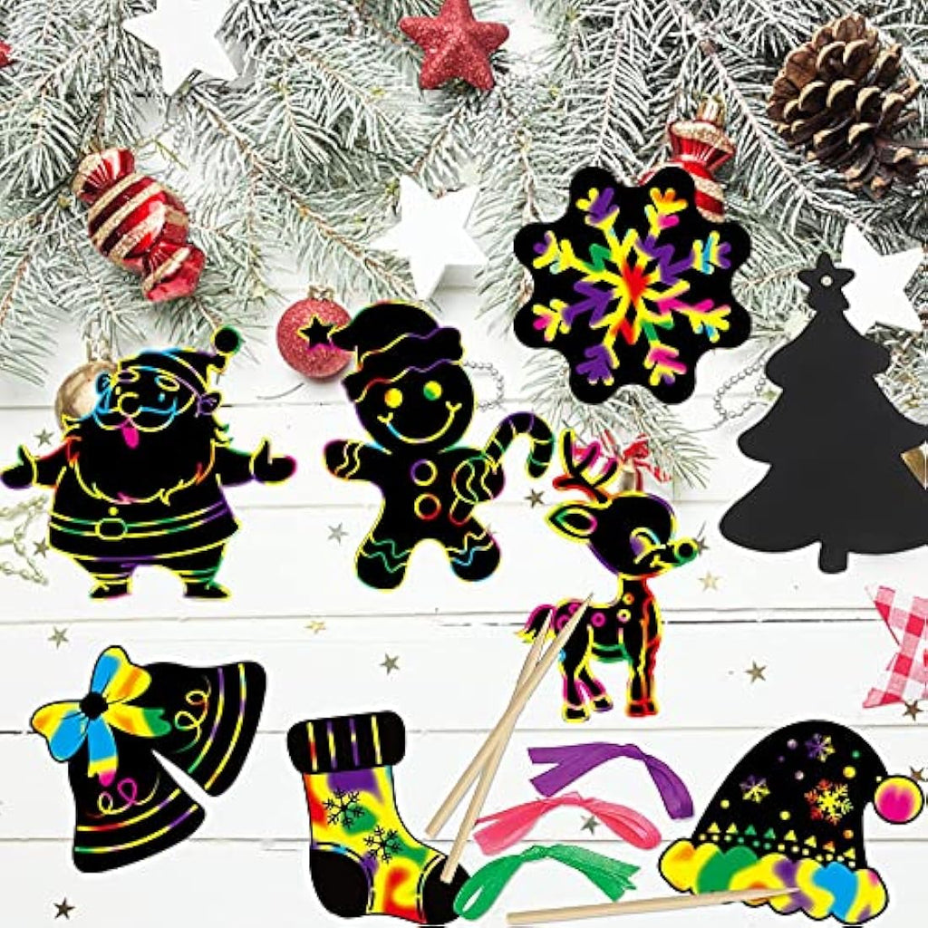 48pc Christmas Scratch Art Kit – DIY Rainbow Hanging Ornaments
