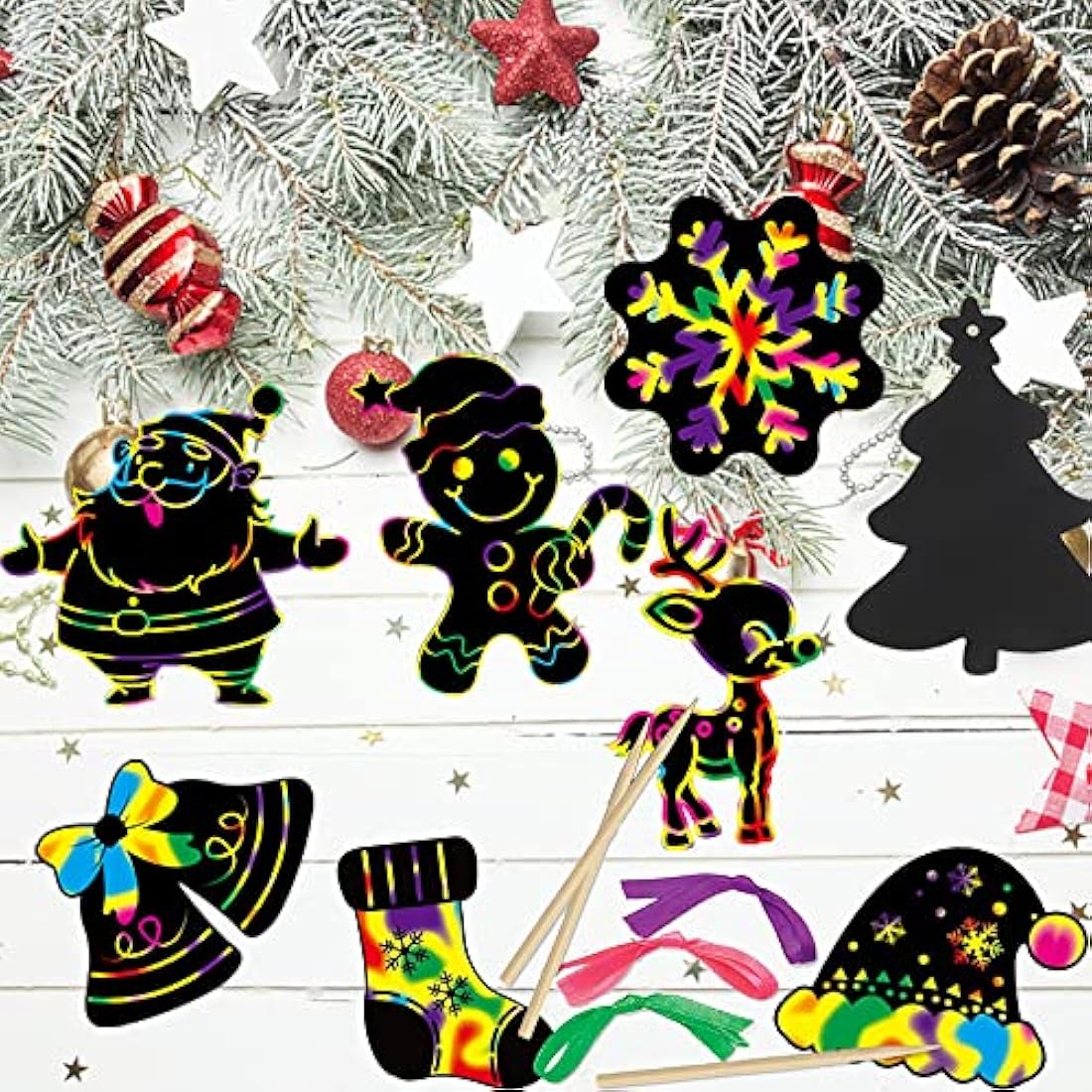 48pc Christmas Scratch Art Kit – DIY Rainbow Hanging Ornaments