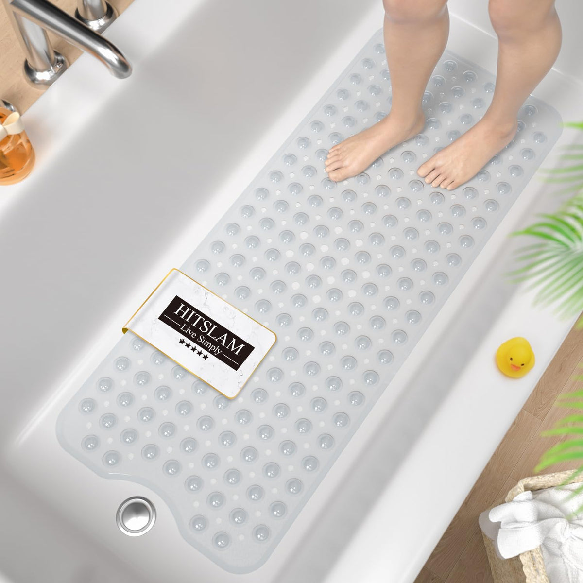 HITSLAM Non Slip Bath Mat for Tub, 101 x 40cm Extra Long Shower Mat Anti Mould, Machine Washable Bathroom Bathtub Mat with Suction Cups and Drain - image 1