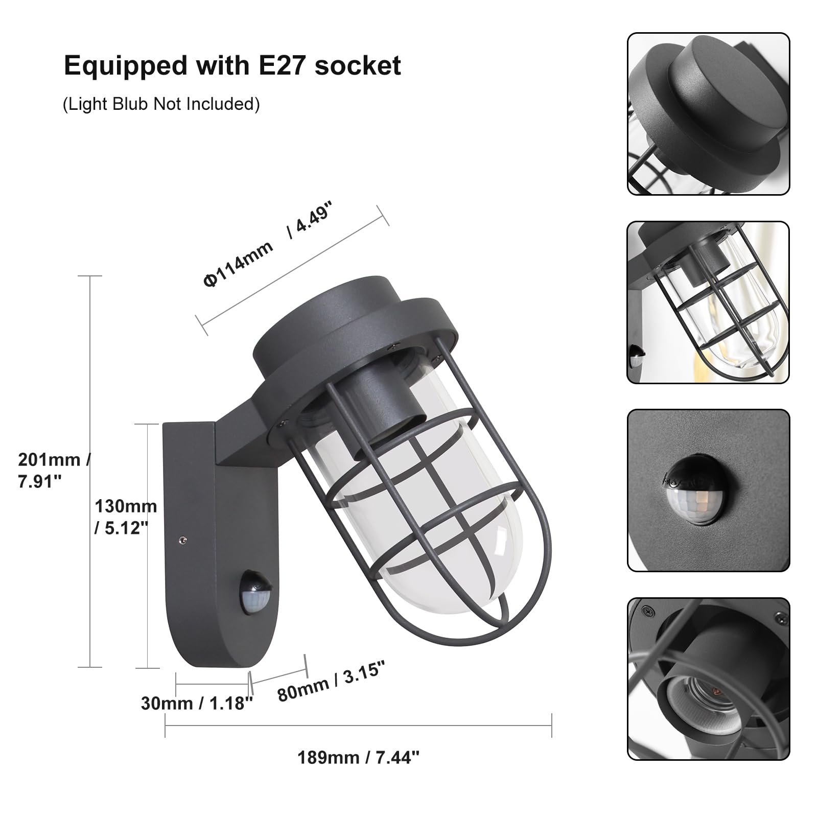 DAWALIGHT Outdoor Wall Light | PIR Motion Sensor IP44 Lantern – Dark Grey