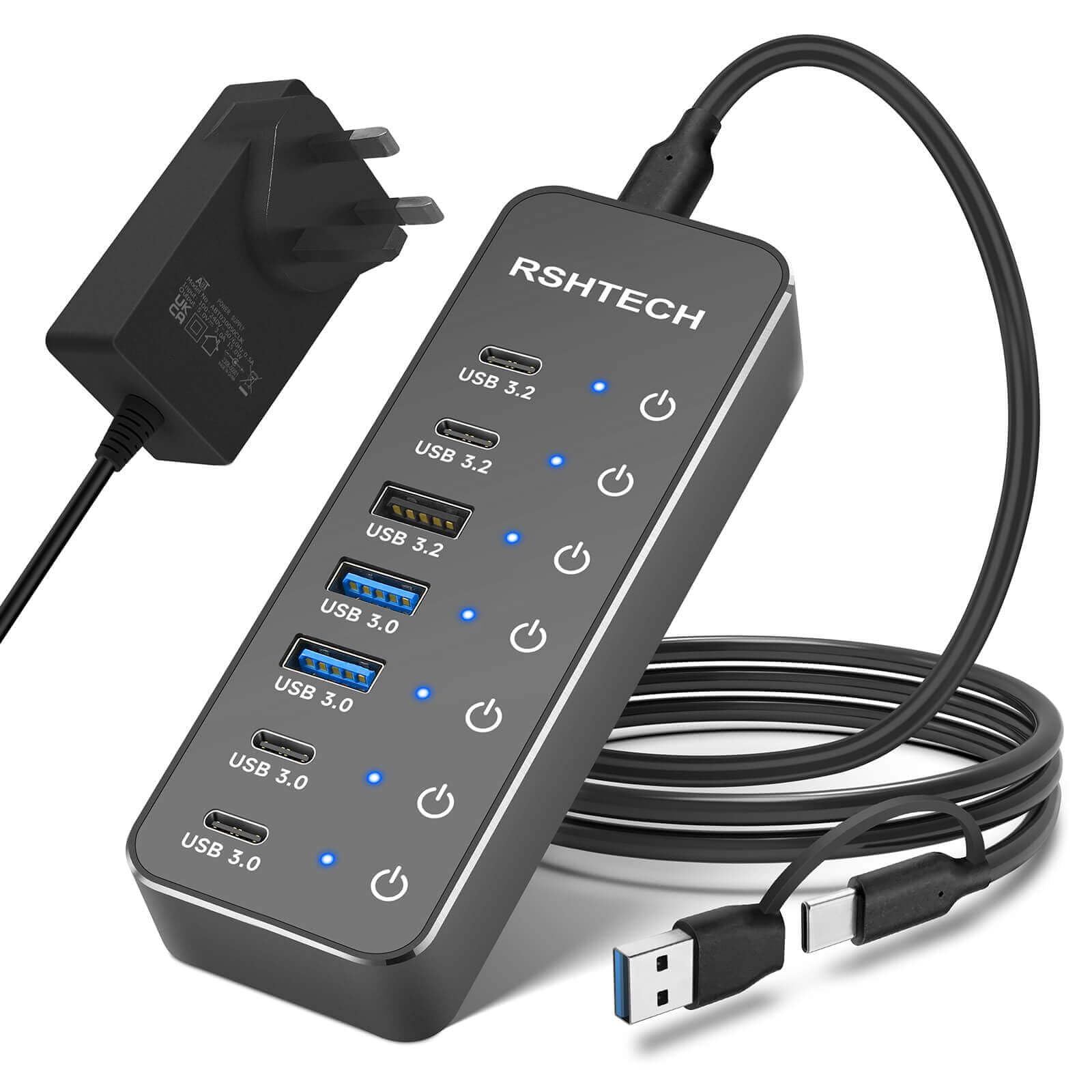 RSHTECH 7-Port Powered USB-C Hub | 10Gbps Aluminum Multiport Splitter