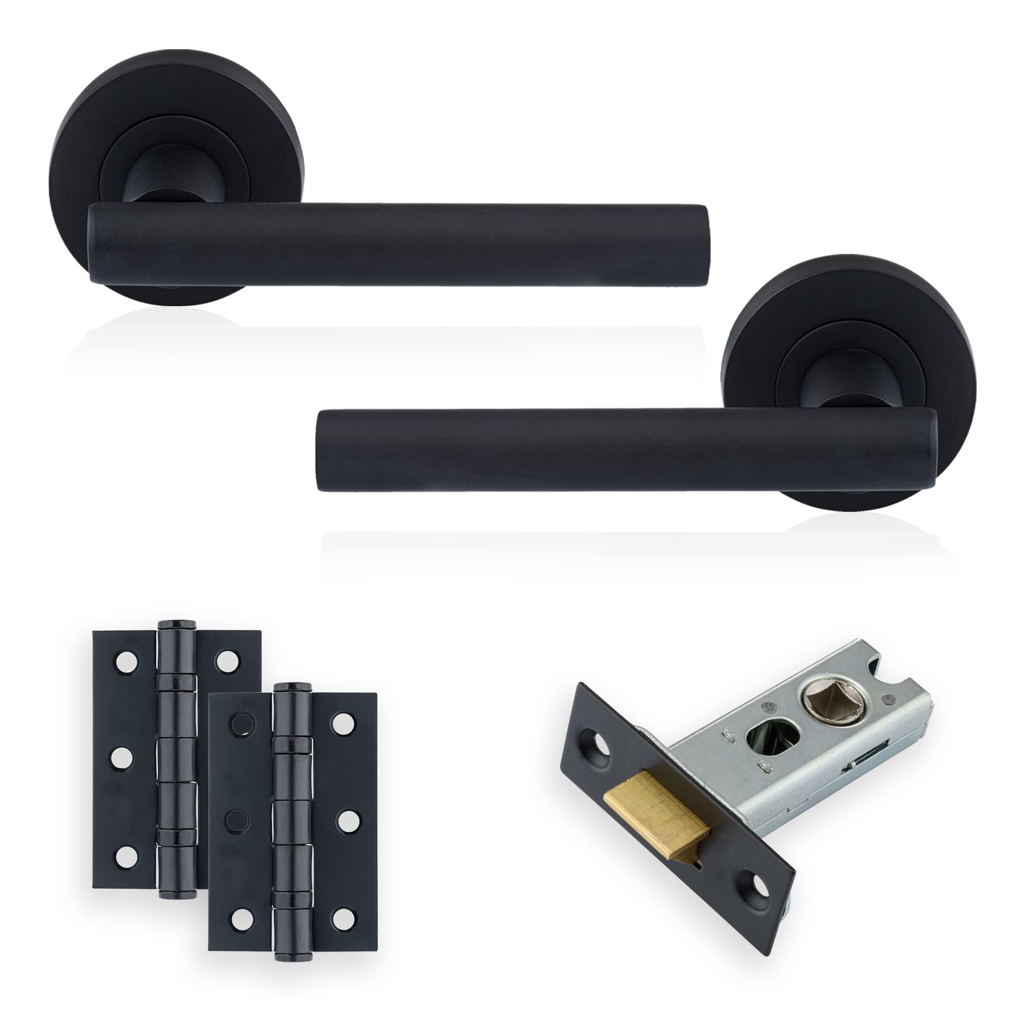 XFORT Matt Black Liberty Lever Door Handle Latch Pack with Hinges