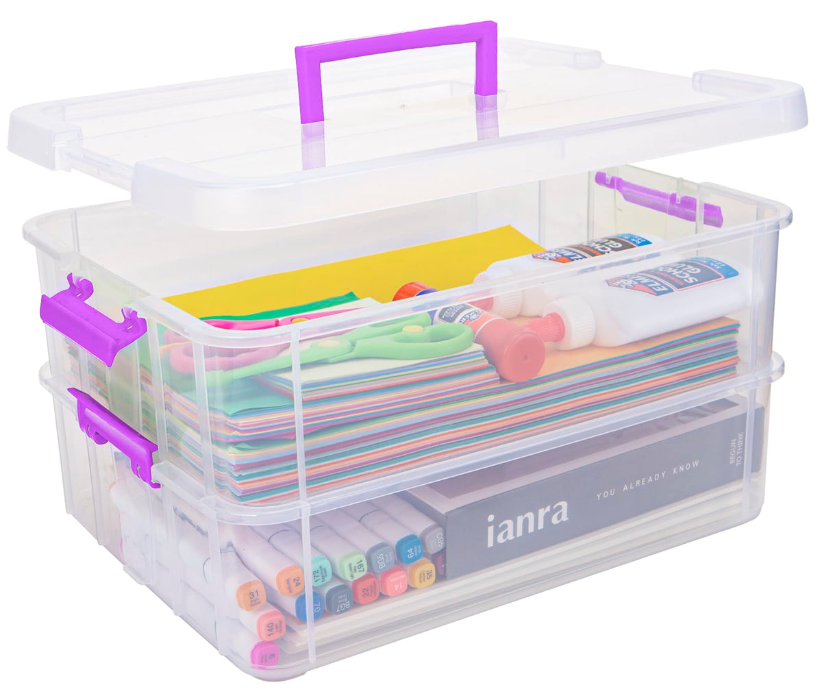 Creahaus 2 Layer Plastic Storage Containers with Lids, Multipurpose Clear Stack & Carry Box - image 1