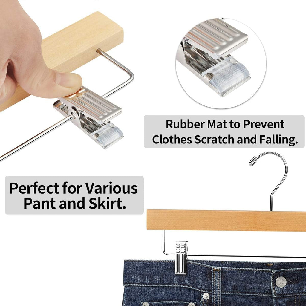 20pcs Wooden Trouser Hangers, 35cm Natural Skirt Coat Hangers with Clips - image 3
